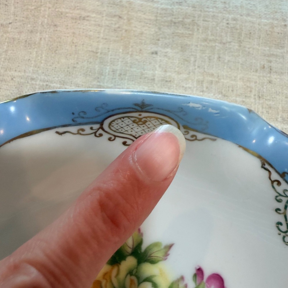 Ucagco China Footed Trinket Dish Occupied Japan Blue Gold Floral Scalloped 6" - Picture 2 of 6